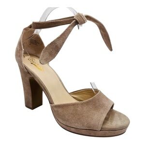 Seychelles Journey Taupe Suede Leather Platform Peep Toe Ankle Tie Blocked Heels